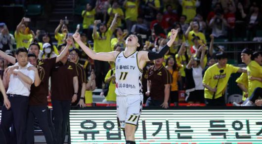 허일영이 2024~25 프로농구 챔피언결정전에서 우승을 확정한 후 기뻐하고 있다. 뉴스1