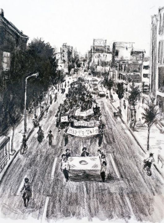 범현이 작가의 소설집 '총알의 기억' 속 한 장면. 1980년 5월 전남도청에 모인 시민들이 계엄 해제를 외치며 시위하고 있다. 시민군 대변인 윤상원의 일대기를 완성한 화가 하성흡이 그렸다. 내일을여는책 제공