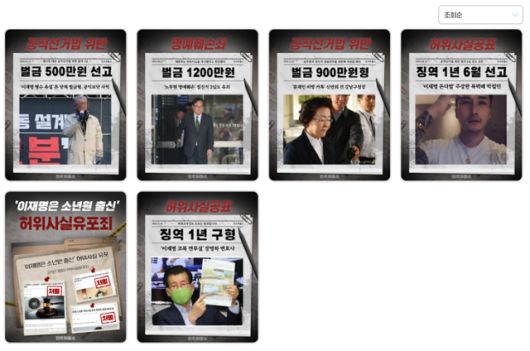 더불어민주당이 운영하는 허위조작정보신고센터인 민주파출소에서 허위조작정보 유포자 대응 결과를 게시하고 있다. 홈페이지 캡처