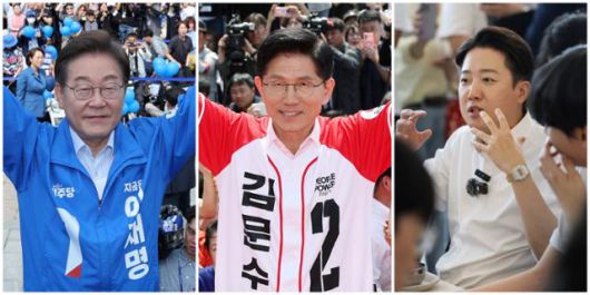 20일 이재명(왼쪽 사진부터) 더불어민주당 대선 후보가 경기 고양 일산문화광장에서 열린 집중유세에서, 김문수 국민의힘 대선 후보가 서울 서초구 고속터미널역 인근 집중유세에서, 이준석 개혁신당 대선 후보가 광주 북구 전남대학교에서 진행된 '학식먹자 이준석' 행사에서 각각 지지를 호소하고 있다. 연합뉴스