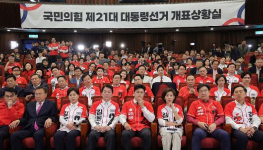 3일 서울 여의도 국회 도서관에 마련된 국민의힘 개표 상황실에서 선대위원장들이 제21대 대통령 선거 방송3사 출구조사 결과를 보고 있다. 하상윤 기자