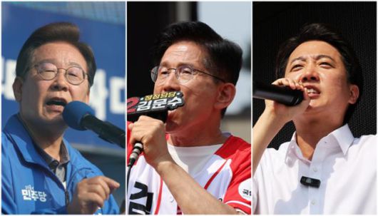 제21대 대통령 선거를 이틀 앞둔 1일 더불어민주당 이재명 대선 후보(사진 왼쪽부터)가 울산광역시 일산해수욕장 앞에서, 국민의힘 김문수 대선 후보가 경기도 수원컨벤션센터 광장에서, 개혁신당 이준석 대선 후보가 경기도 화성시 동탄호수공원에서 지지를 호소하고 있다. 연합뉴스