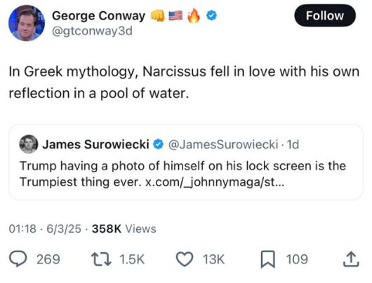 대표 반 트럼프 인사 조지 콘웨이는 자신의 X에 (트럼프는) 그리스 신화의 나르키소스와 같다고 했다. 조지 콘웨이 X 캡처