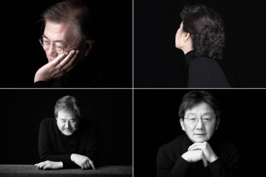 ‘터틀넥 흑백 사진’은 강영호 작가의 시그니처다. 그는 “옷에서 보이는 암시를 다 지우고 얼굴이 더욱 잘 드러나게 찍고 싶어 생각한 아이디어”라고 설명했다. 윗줄 왼쪽부터 시계 방향으로 문재인ㆍ박근혜 전 대통령, 유승민 전 새누리당 원내대표, 김무성 전 새누리당 대표의 사진이다. 강영호 작가 제공