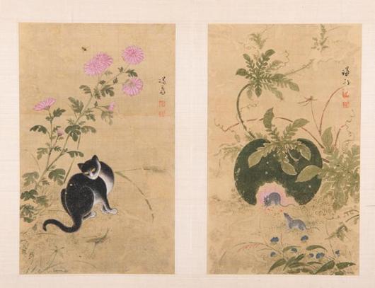 수리 복원을 마친 '화훼영모화첩' 중 '추일한묘'(가을날 한가로운 고양이)와 '서과투서'(수박과 도둑 쥐). 대구 간송미술관 제공
