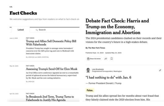 뉴욕타임스 팩트체크 코너에서 2024년 대선 당시 트럼프 후보의 TV토론회 발언을 검증한 기사.