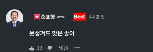 홍준표 전 대구시장이 16일 자신의 소통 플랫폼에 오른 한 게시글에 남긴 답글. 홍 전 시장 온라인 소통 플랫폼 '청년의꿈' 캡처