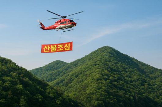 충남도의 봄철 산불 최소화 성과에는 헬기를 활용한 산불 예방 활동이 큰 역할을 했다. 사진은 충남 지역에서 산불 예방에 나선 소방 헬기를 표현한 가상 이미지로, 한국일보 인공지능(HAI) DALL·E-3가 제작했다.