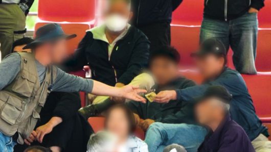 경기 직후 현금이 오가고 있는 장면. 동물해방물결은 불법 도박을 의심하고 있다. 동물해방물결 제공