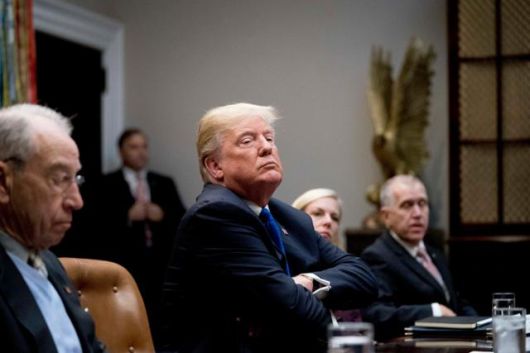 2018년 1월 4일 집권 1기 당시 도널드 트럼프(가운데) 미국 대통령이 미 워싱턴 백악관 루스벨트룸에서 공화당 소속 연방 상원의원들과 이민 관련 회의를 하고 있다. 사진 맨 오른쪽에 29일 3선 도전 포기를 선언한 톰 틸리스 의원이 보인다. AP 연합뉴스 자료사진