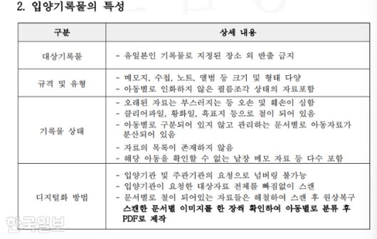 아동권리보장원의 '입양기록전산화사업'을 수행했던 용역 업체가 해당 사업 추진 과정에서 만들어 사용했다는 '자료관리 지침서'. 해당 업체는 '대상자료 전체를 빠짐없이 스캔'이라는 대목을 들어, '백지스캔' 등이 모두 아동권리보장원의 요청이나 용인으로 이뤄졌다고 주장했다. 해당 용역업체 측 제공