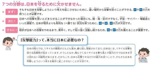 일본 방위성이 지난해 방위백서를 어린이용으로 제작한 '알기 쉽게! 일본의 방위 첫 방위백서 2024'에 반격 능력을 강화해야 한다는 내용을 담았다. 방위성 홈페이지 캡처