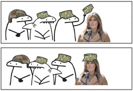 우크라이나 언론이 소개한 미국 대통령 영부인 멜라니아 트럼프의 밈. 우크라이나 군인 캐릭터가 멜라니아 여사에게 우크라이나군 모자를 씌워 주는 모습을 표현한 것이다. 엑스(X) 캡처