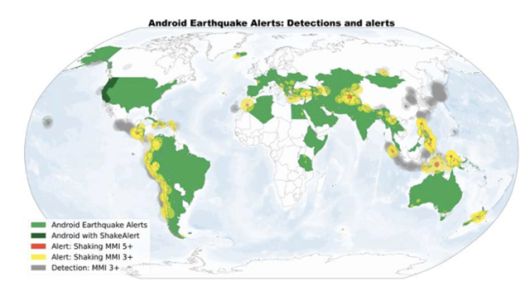 구글과 미국 버클리 캘리포니아대 연구진이 구글 안드로이드 운영체제 기반의 최신 스마트폰에 장착된 가속도계를 이용해 지진을 감지한 지역들. 감지된 진동의 강도에 따라 색깔이 다르게 표시됐다. 사이언스 제공