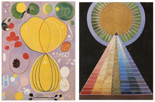 힐마 아프 클린트가 1907년에 그린 추상회화 연작 '10점의 대형 그림' 중 '성인기'(왼쪽 사진)와 1915년에 그린 '제단화' 연작 작품. 힐마 아프 클린트 재단 제공