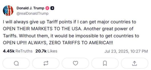 도널드 트럼프 미국 대통령이 23일 자신의 사회관계망서비스(SNS) 트루스소셜에 시장을 개방하면 관세를 인하하겠다고 썼다. 트루스소셜 캡처