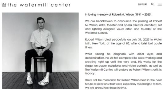 미국 뉴욕의 워터밀센터가 홈페이지에 게시한 로버트 윌슨 추모글. 워터밀센터 홈페이지 캡처