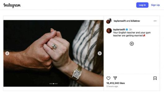 테일러 스위프트와 트래비스 켈시가 26일 약혼을 발표한 인스타그램 게시물. 로이터 연합뉴스