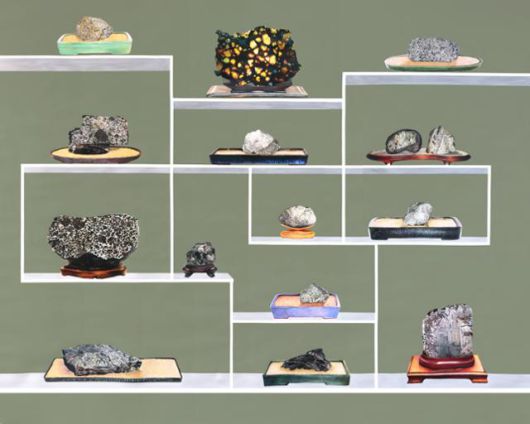 갈라 포라스-김의 '15 Rocks from outer space'는 외계에서 온 돌 15개를 수석 진열대 위에 올린 것처럼 연출한 그림이다. 국제갤러리 제공