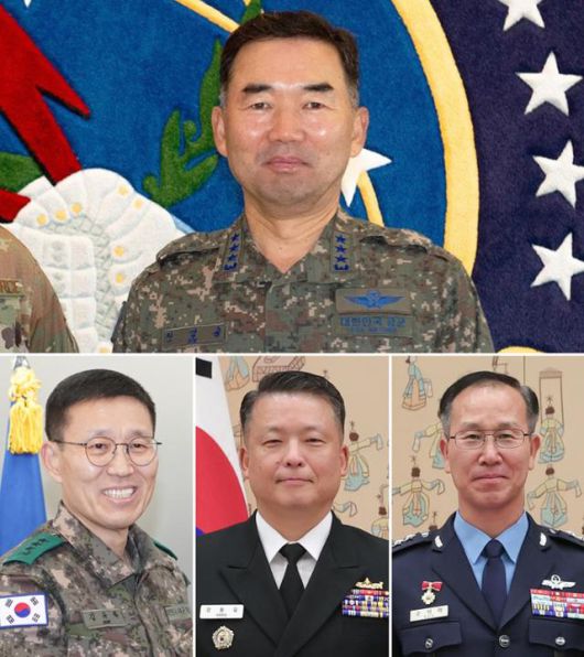 정부가 군 수뇌부 인사를 1일 발표했다. 사진 위는 합참의장에 내정된 진영승 전략사령관, 사진 아래 왼쪽부터 육군총장에 내정된 김규하 미사일전략사령관과 해군총장에 내정된 강동길 합참 군사지원본부장, 공군총장에 내정된 손석락 공군 교육사령관. 연합뉴스 자료사진