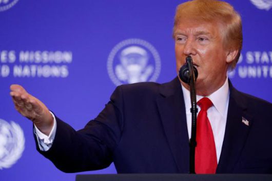 도널드 트럼프 미국 대통령이 2019년 9월 미국 뉴욕주 뉴욕에서 열린 제74차 유엔총회(UNGA) 특별기자회견에서 연설하고 있다. 뉴욕=로이터 연합뉴스