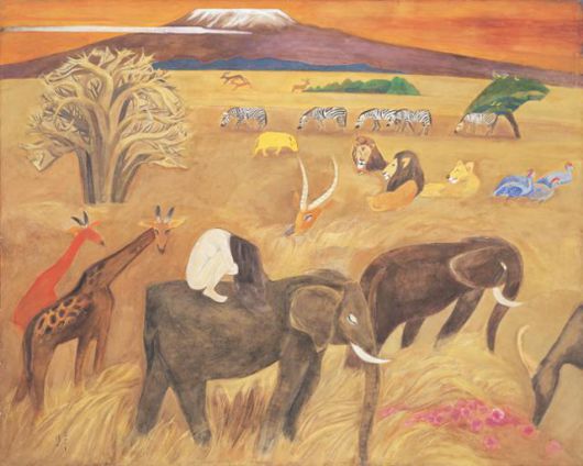 서울 종로구 서울미술관에 전시된 천경자의 대표작 '내 슬픈 전설의 49페이지'. 서울미술관 소장 작품으로 아프리카 탄자니아에서 킬리만자로 산이 보이는 들판을 묘사했다. 천경자는 코끼리를 탄 나체의 여인은 여행 중인 작가 스스로를 묘사한 것이라 밝힌 바 있다. 서울미술관 제공