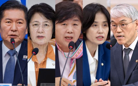 국회 법제사법위원회는 두 차례 '조희대 청문회'를 추진했지만 모두 조희대 대법원장이 불출석했다. 사진은 왼쪽부터 정청래 더불어민주당 대표, 추미애 국회 법제사법위원장, 서영교 민주당 의원, 박은정 조국혁신당 의원과 법사위 현안질의 법원 측 답변자로 출석한 천대엽 법원행정처장. 정다빈 기자, 뉴스1, 연합뉴스.