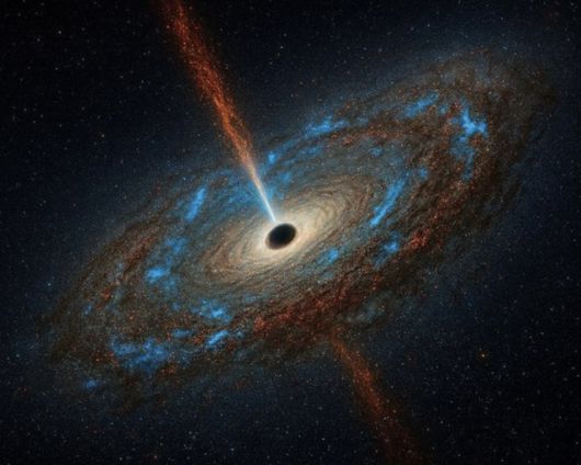 한국천문연구원은 국제공동연구팀과 함께 먼지 속에서도 강한 푸른빛을 내는 은하 '블루독'을 새롭게 발견했다고 13일 밝혔다. 블루독은 초대질량 블랙홀을 품기도 했다. 사진은 이번에 발견된 초대질량 블랙홀과 은하의 상상도. 천문연 제공