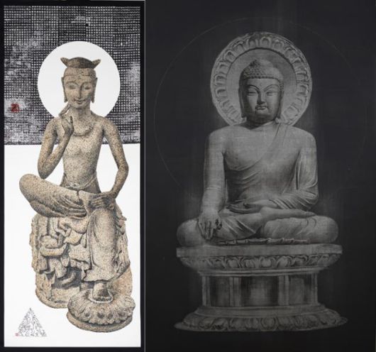 박대성의 '반가사유상'(왼쪽 사진)은 하반신만 남은 봉화 복지리 석조반가상을 상반신까지 완성해 그린 그림이다. 김민의 '적연명'은 검은 토르말린으로 칠한 배경 위에 석굴암 본존불을 은박으로 그려 신비로움을 더했다. 경주솔거미술관 제공