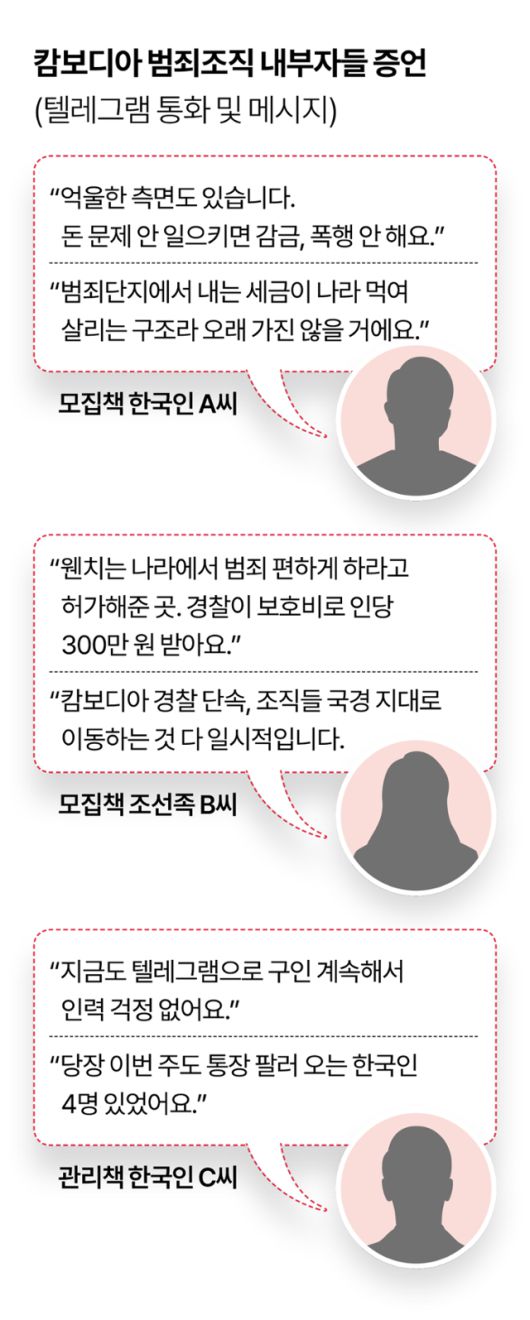 캄보디아 범죄조직 내부자들 증언. 그래픽=이지원 기자