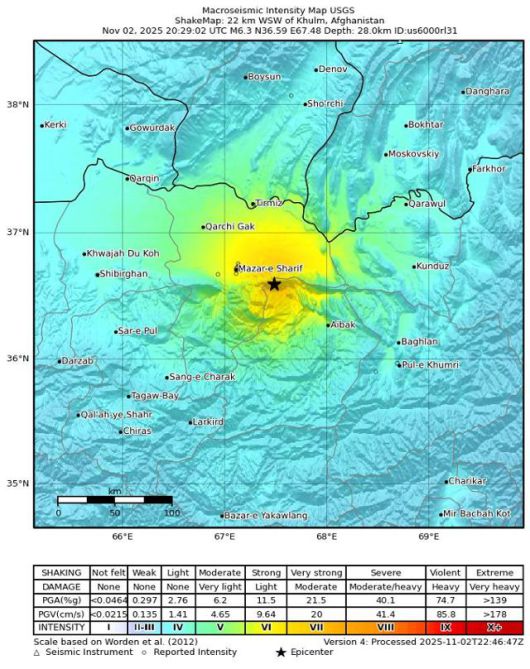미국 지질조사국(USGS)이 3일 공개한 아프가니스탄 지진 강도 이미지. 이날 발생한 지진은 규모 6.3으로 기록됐다. USGS 홈페이지 캡처