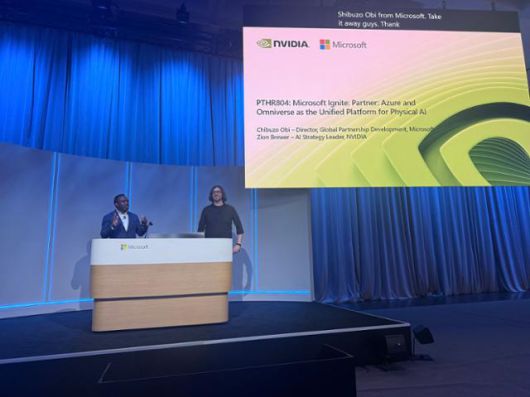 미 캘리포니아 샌프란시스코 모스콘센터에서 지난달 17일부터 나흘간 열린 '마이크로소프트(MS) 이그나이트 2025'에서 MS와 엔비디아 측 발표자들이 협업사례를 설명하고 있다. 실리콘밸리=박지연 특파원