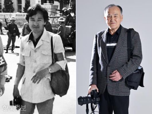 박태홍 전 한국일보 기자가 지난달 21일 서울 중구 한국일보사에서 본보와 인터뷰하며 포즈를 취하고 있다(오른쪽). 왼쪽 사진은 박 전 기자의 5·18 광주 현장 취재 당시 모습을 담은 사진. 민경석 기자