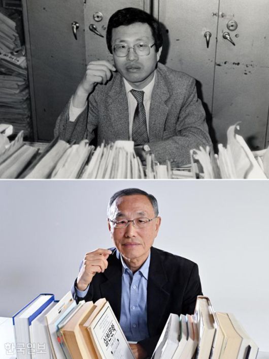 조성호 전 한국일보 기자가 지난달 21일 서울 중구 한국일보사에서 본보와 인터뷰하며 포즈를 취하고 있다(아래). 위 사진은 조 전 기자가 현직에서 일할 당시 모습을 담은 사진. 민경석 기자