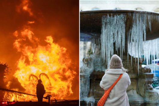 세계에서 동시다발적으로 기후위기의 경고징후들이 보이고 있다. 사진은 올해 초 미국 캘리포니아주 로스앤젤레스에 역사상 최악의 산불이 발생해 소방대원이 진화작업을 하고 있다(왼쪽 사진). 같은 날 뉴욕의 브라이언트 공원에서 한 시민이 꽁꽁 얼어붙은 분수대를 촬영하고 있다. 로스앤젤레스·뉴욕=AFP 연합뉴스