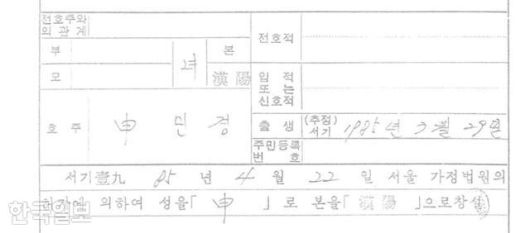 1985년 한 갓난아이를 해외로 입양보내기 위해 입양인의 본관을 '한양 신씨'로 새로 창설한다는 내용. 해외입양인연대 제공