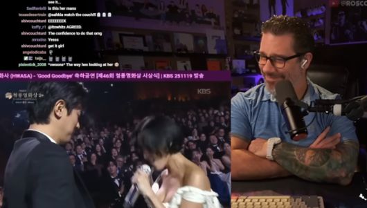 박정민과 화사의 청룡영화상 축하 공연을 보며 웃고 있는 미국 해병대 출신 로스코. 로스코 유튜브 영상 캡처