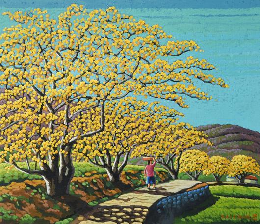 설종보, 산수유 길, 캔버스에 아크릴, 45.5x53cm(10호), 2018