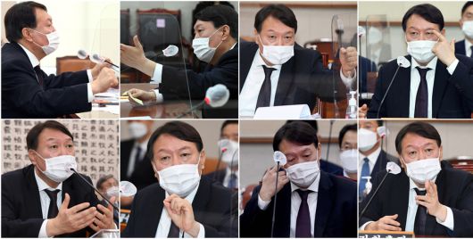 윤석열 검찰총장이 22일 국회에서 열린 법제사법위원회 대검찰청 국정감사에서 다양한 표정으로 답변하거나 질문받고 있다. [연합]