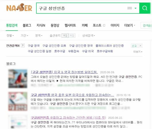 포털에서 '구글 성인인증'을 검색하면 가장 먼저 뜨는 게시글. 우회를 통해 성인인증 없이 검색하는 방법을 안내하고 있다. [네이버 캡처]