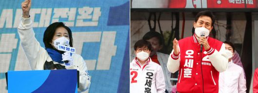 지난 28일 박영선 더불어민주당 서울시장 후보와 오세훈 국민의힘 서울시장 후보가 각각 서초구 고속버스터미널과 강남구 코엑스 동문광장에서 집중 유세를 하고 있다. [연합]