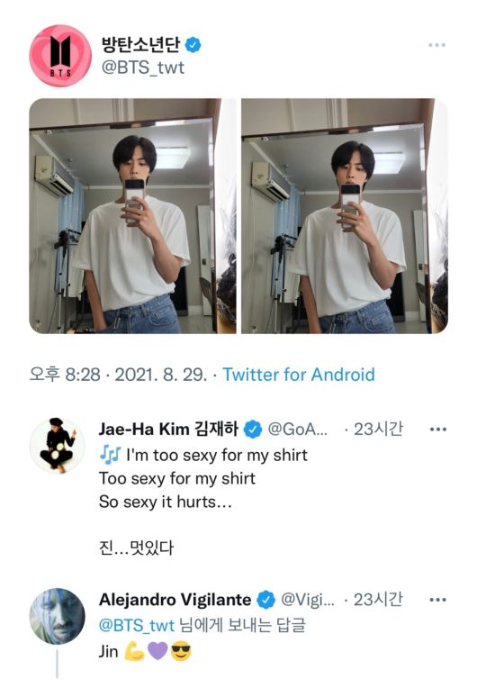 거울 셀카 사진이 공개된 직후 여러 공식계정들의 댓글과 인용알티가 연이었다. 아르헨티나 출신의 팝 아티스트 알레한드로 비질란테(Alejandro Vigilante)는 진의 사진에 댓글로 보라색 하트와 귀여운 이모티콘을 남겼다.