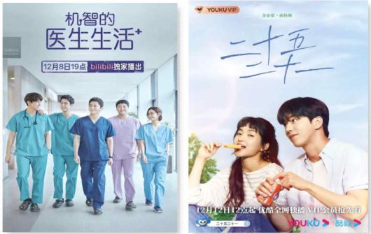 12월부터 중국 온라인 동영상 서비스(OTT)에서 서비스를 시작한 한국 드라마 ‘슬기로운 의사생활’(왼쪽)과 ‘스물다섯 스물하나’. [빌리빌리, 유쿠 홈페이지]