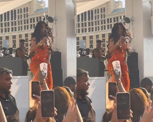 래퍼 카디비가 지난 29일(현지시간) 미국 라스베이거스에서 열린 공연에서 관객이 뿌린 액체를 맞았다. [X 캡처]