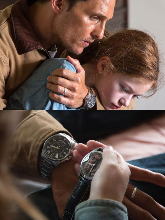 영화 ‘인터스텔라’ 속 해밀턴 시계. 쿠퍼의 시계는 기성품인 항공시계 ‘카키 파일럿 데이 데이트’(Hamilton Khaki Pilot Day Date)다. 딸인 머피의 시계는 영화 개봉 이후 출시된 ‘머프’(Murph) 모델이다. 육안으로 잘 보이진 않지만, 머프 초침엔 ‘유레카’ 문구가 모스 부호로 프린트 돼 있다. 계속된 인기로 지난 해에는 크기를 38mm로 줄인 버전도 나왔다. [해밀턴ⓒ]
