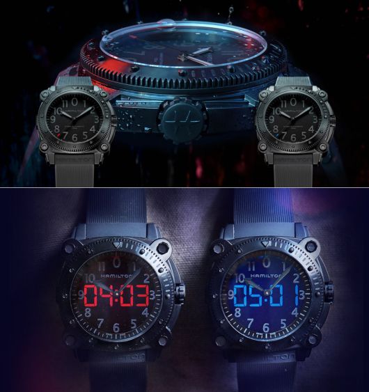 영화 ‘테넷’(2020) 속 해밀턴 시계를 본뜬 스페셜 에디션(상단 사진). 영화 속 빨강·파랑 디자인을 7시와 8시 사이의 점 하나로 단순화 했다. 영화 속 실제 소품으로 사용된 소품(하단 사진)엔 양산품엔 없는 디지털 스크린이 가미돼 있다. [해밀턴ⓒ]