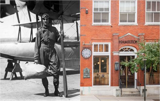 1918년 워싱턴 D.C.와 뉴욕을 오간 첫번째 미 항공우편 조종사(왼쪽). 해밀턴이 항공시계를 제작했다. 해밀턴은 1930년대 미국의 대규모 민간 항공사 4곳의 공식 시계로 진출했다. 미국 펜실베니아주 랭커스터 해밀턴 매장(오른쪽). [Hamiltonⓒ]