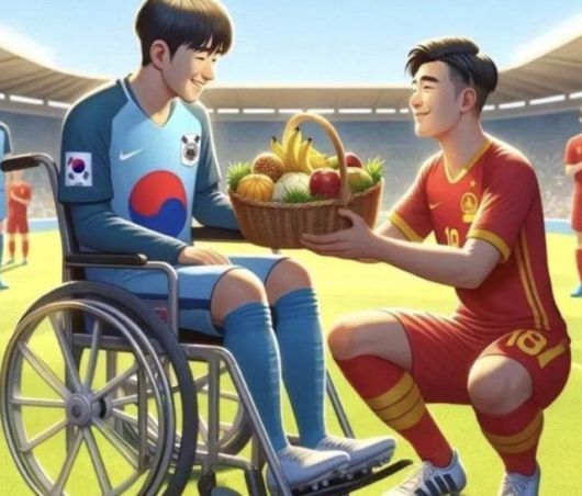 다리를 다쳐 휠체어에 앉아 있는 손흥민이 중국 선수에게 과일바구니를 받고 있는 합성 사진. [웨이보]