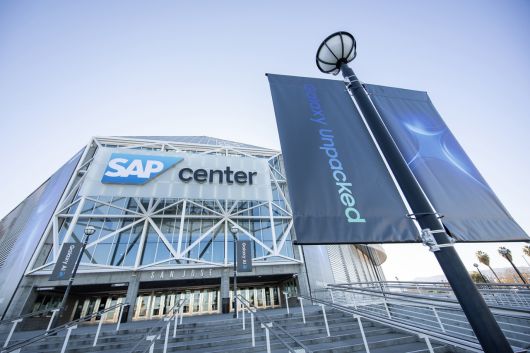 21일(현지시간) 미국  캘리포니아주 새너제이 ‘SAP 센터’의 갤럭시 언팩 행사장 전경. [삼성전자 제공]