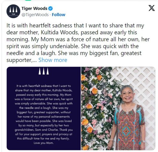 타이거 우즈가 4일(현지시간) 어머니 쿨티다의 별세 소식을 알렸다.   [우즈 SNS]